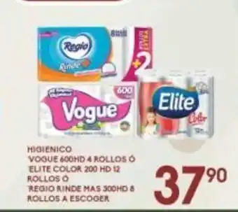 Higienico Vogue 600HD 4 Rollos o Elite Color 200HD 12 Rollos o Regio o Regio Rinde Mas 300HD 8 Rollos a Escoger