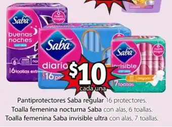 Soriana Híper Pantiprotectores Saba Regular 16 Protectores, Toalla Femenia Nocturna Saba 6 Toallas, Toalla Femenina Saba Invisible Ultra oferta