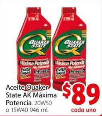 Aceite Quaker State AK Máxima Potencia 20W50 o 15W40 946ml