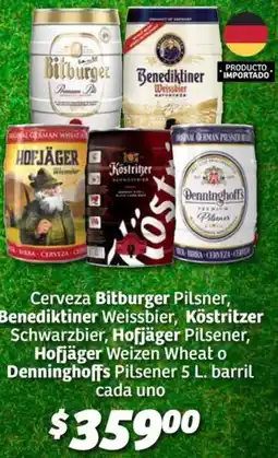 Soriana Híper Cerveza bitburger pilsner, benediktiner weissbier, köstritzer schwarzbier, hofjäger pilsener oferta