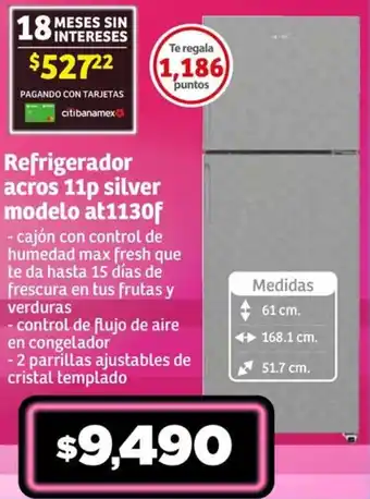 Soriana Híper Refrigerador acros 11p silver modelo at1130f oferta