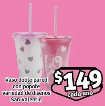 Soriana Mercado San valentín vaso doble pared con popote variedad de diseños oferta