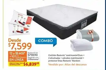 Colchon Restonic Matrimonial Dom + 2 almohadas + edredon matrimonial + protector linea Restonic Random