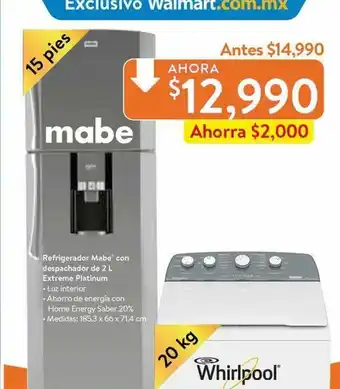 Walmart Refrigerador Mabe con despachador de 2L Extreme Platinum oferta