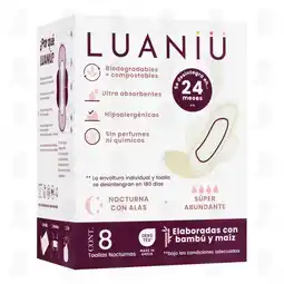 Farmacias Guadalajara Toallas Femeninas Luaniü Nocturnas con Alas Súper Abundante, 8 pzas oferta