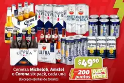 Soriana Híper Cerveza Michelob, Amstel o Corona six pack, cada una oferta