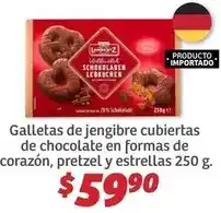 Soriana Híper Estrellas - galletas de jengibre cubiertas de chocolate en formas de corazon, pretzel y oferta