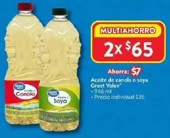 Walmart Great value aceite de canola o soya oferta