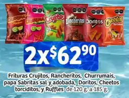 Soriana Mercado Frituras crujitos, rancheritos, churrumais, papa sabritas sal y adobada, doritos, cheetos torciditos, y ruffles oferta