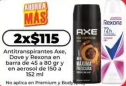 HEB Axe, dove y rexona  antitranspirantes en barra de 45 a 80 gry en aerosol oferta