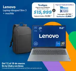 Sam's Club Lenovo laptop ideapad slim 3 + mochila oferta