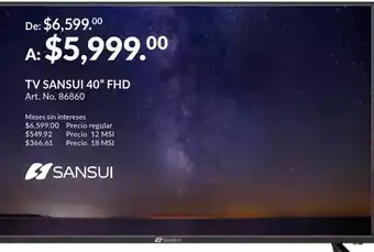 Pantalla tv sansui smx4019sm / full hd / 40 pulg. / led / hdmi / usb