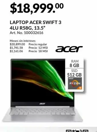 Laptop acer swift 3 / amd ryzen 5 / 14 pulg. / 512gb ssd / 8gb ram / plata