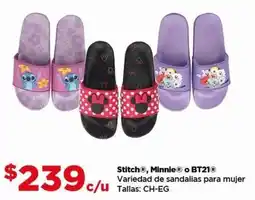 Bodega Aurrerá Stitch , minnie o bt21 variedad de sandalias para mujer oferta