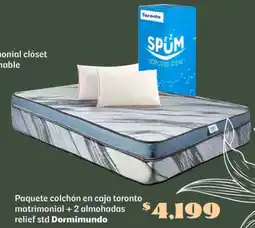 Soriana Súper Dormimundo paquete colchón en caja toronto matrimonial + 2 almohadas relief std oferta