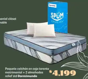 Soriana Súper Dormimundo paquete colchón en caja toronto matrimonial + 2 almohadas relief std oferta