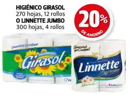 Farmacias Guadalajara Higiénico girasol 270 hojas, 12 rollos o linnette jumbo 300 hojas, 4 rollos oferta
