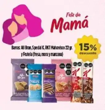 Farmacias Guadalajara Feliz dia Mamá Barras All Bran, Special K, RKT Malvavisco y Frutela (fresa, mora y manzana) oferta