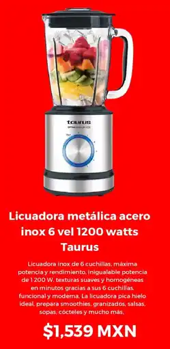 Sanborns Licuadora metálica acero inox 6 vel 1200 watts Taurus oferta