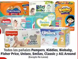 Soriana Híper Todos los pañales pampers, kiddies, biobaby, fisher price oferta
