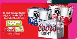 Soriana Súper 12 pack cerveza Tecate regular, Tecate light o Coors light oferta