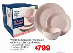 Soriana Híper Vajilla de 12 piezas redonda de cerámica color rosa oferta