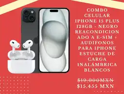 Sears Combo celular iphone 15 plus 128gb - negro reacondicion ado a e-sim + audifonos para iphone estuche de carga inalámbrica oferta