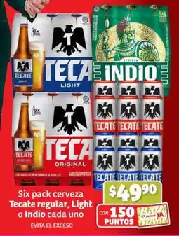 Soriana Súper Six pack cerveza Tecate regular, Light o Indio oferta