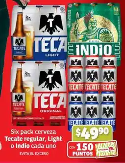 Six pack cerveza Tecate regular, Light o Indio