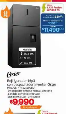 Soriana Híper Refrigerador 16P3 con Despachador Inverter Oster oferta