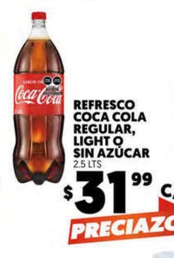 Refresco Coca Cola Regular, Light o Sin Azucar 2.5 Lts