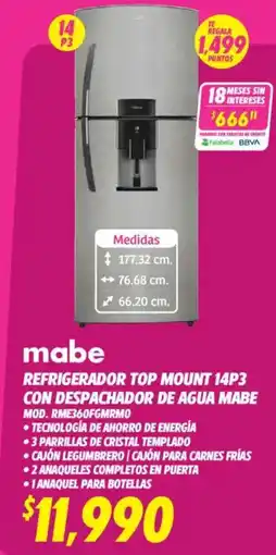Soriana Híper Mabe refrigerador top mount oferta