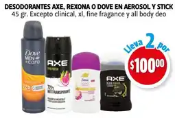 Farmacias Guadalajara Axe, rexona o dove desodorantes en aerosol y stick 45 gr. excepto clinical, xl, fine fragance y all body deo oferta