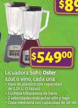 Soriana Híper Oster licuadora soho azul o vino, cada una oferta