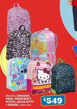 Soriana Híper Jurassic park, minecraft, stitch, hello kitty o barbie, mochila cada una oferta