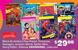 Soriana Híper Granmark block de stickers paw patrol, princesas, avengers, jurassic world, spider man, harry potter, villanas oferta