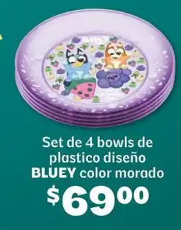 Soriana Híper Bluey set de 4 bowls de plastico diseño color morado oferta