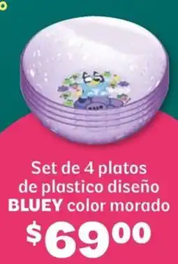 Soriana Híper Bluey set de 4 platos de plastico diseño color morado oferta