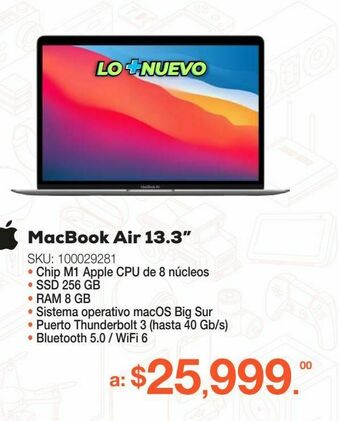 Macbook air apple mgn63la/a / 13.3 plg. / chip m1 apple / ssd 256gb / ram 8gb / gris
