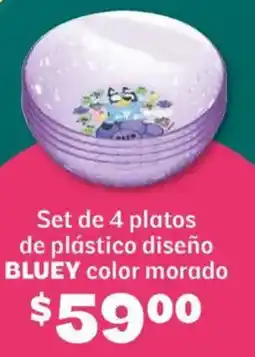 Soriana Híper Bluey set de 4 platos de plástico diseño color morado oferta