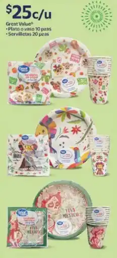 Walmart Great Value plato o vaso + servilletas oferta