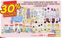 Soriana Híper Perfumería zumm, bluey, huggies, the honey keeper, ricitos de oro, fisher-price y jergens baby oferta