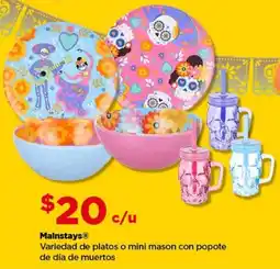 Bodega Aurrerá Mainstays variedad de platos o mini mason con popote de día de muertos oferta