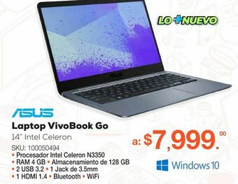 Laptop asus vivobook go / 14 plg. / intel celeron / emmc 128gb / ram 4 gb / gris