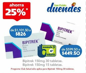 Farmacia San Pablo Bipitrek tab 150mg caj c/15 oferta