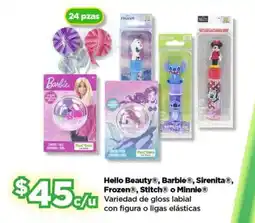 Bodega Aurrerá Hello Beauty, Barbie, Sirenita, Frozen, Stitch o Minnie gloss labial con figura o ligas elastica oferta