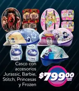 Soriana Híper Princesas y frozen casco con accesorios jurassic, barbie, stitch oferta