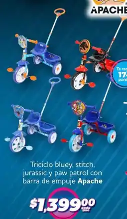 Soriana Híper Apache triciclo bluey, stitch, jurassic y paw patrol con barra de empuje oferta