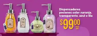 Soriana Híper Dispensadores pociones color naranja, transparente, azul o lila oferta