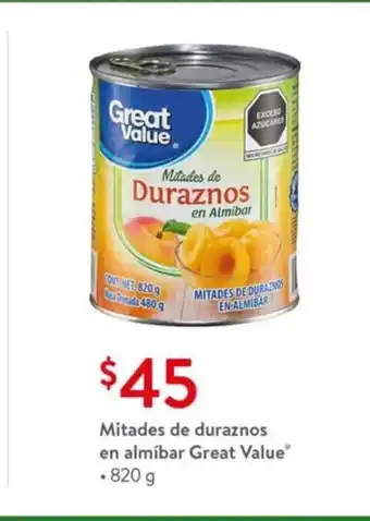 Walmart Mitades de duraznos en almibar Great Value 820g oferta